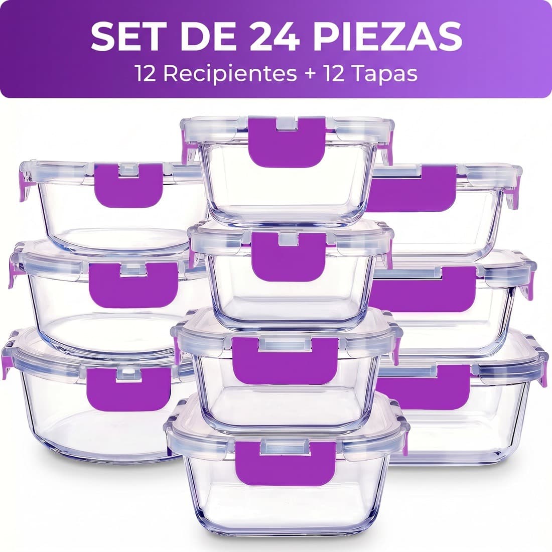 Set de 24 piezas de recipientes de vidrio apilados con cierres morados